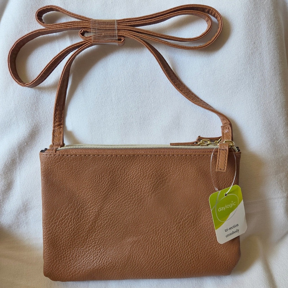 Tri-Section Crossbody Bag Small Brown NEW Pebbled Faux Leather Gold‎ Tone